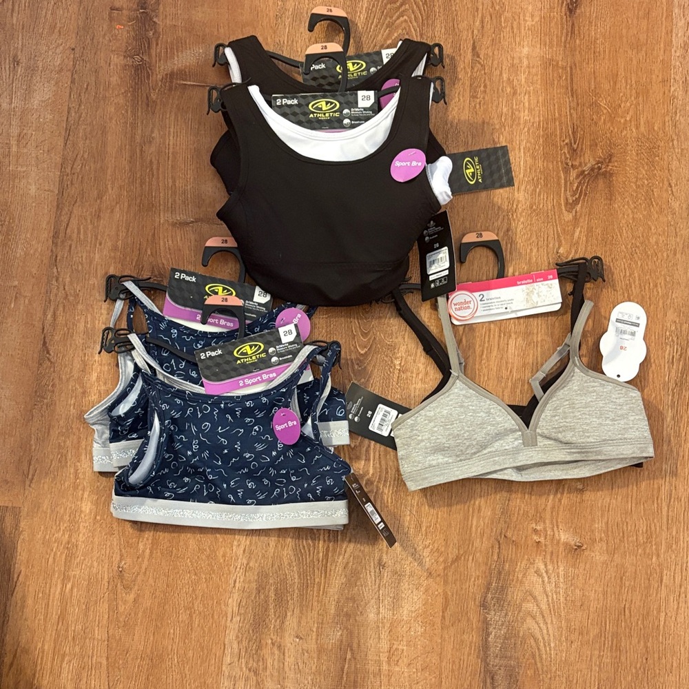 10 Athletic Works Girls Sports Bra Set 28 Black Navy White and Heather Gray NWT